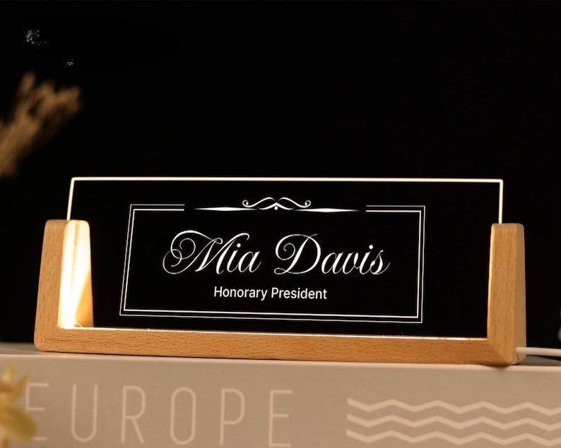 Custom Desk Name Plate with Wooden Base - Lighted Name Sign, Office Desk Accessories, New Job Gift, Thank You Gifts for Coworkers