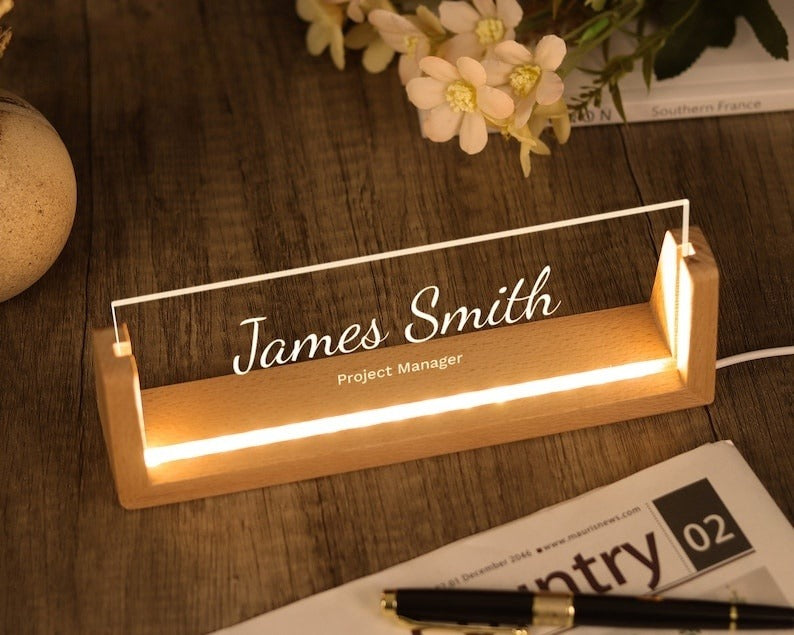 Custom Desk Name Plate with Wooden Base - Lighted Name Sign, Office Desk Accessories, New Job Gift, Thank You Gifts for Coworkers