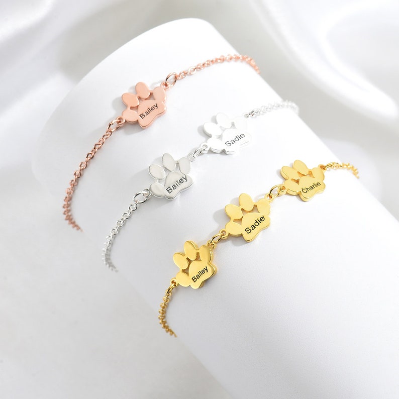 Paw Print Name Bracelet, Personalized Elegant Dog Paw Bracelet, Dog/Cat Bracelet, Pet Name Bracelet, Pet Lover Gift, Christmas Memorial Gift