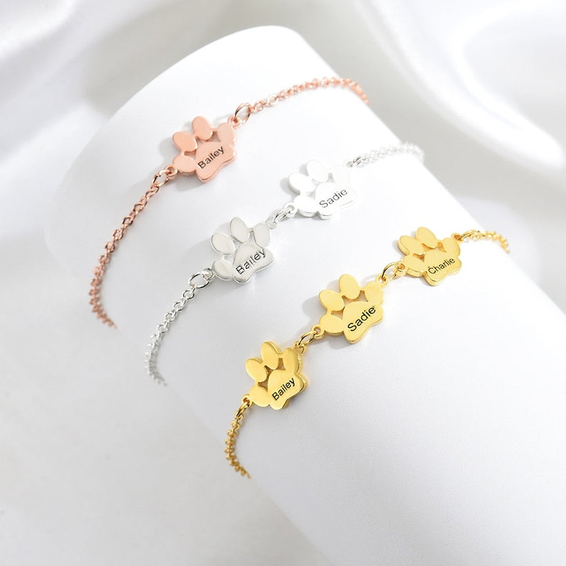 Paw Print Name Bracelet, Personalized Elegant Dog Paw Bracelet, Dog/Cat Bracelet, Pet Name Bracelet, Pet Lover Gift, Christmas Memorial Gift