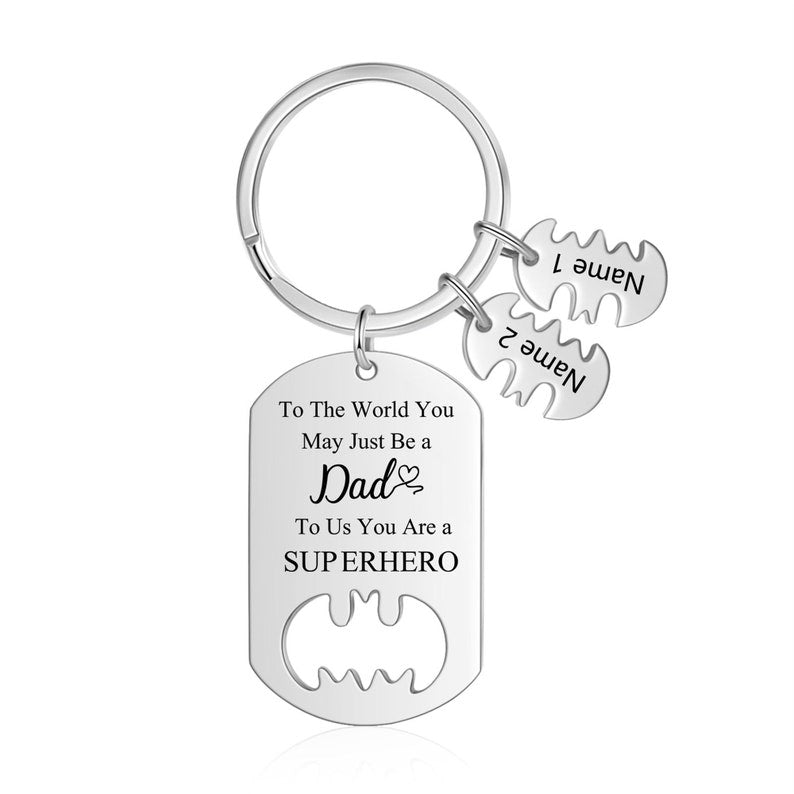 Father's Day Gift, Custom Super Hero Bat Keychain for Dad, Personalized Kids Names Keychain, Dad Keychain, Fathers Day Gift from Wife Kids