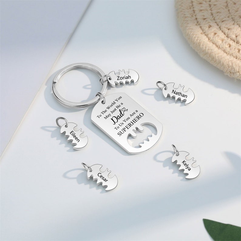 Father's Day Gift, Custom Super Hero Bat Keychain for Dad, Personalized Kids Names Keychain, Dad Keychain, Fathers Day Gift from Wife Kids