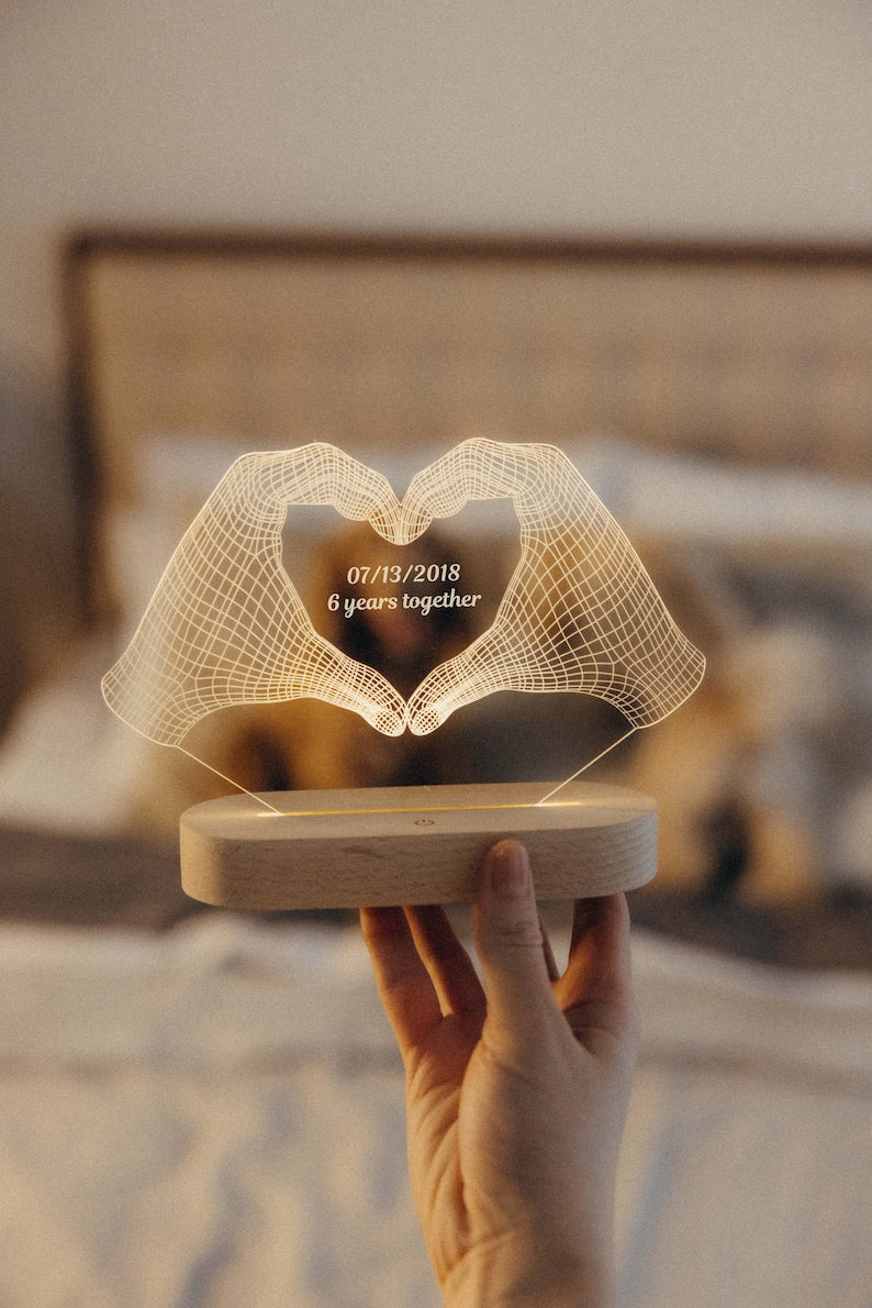 Personalized Heart Hands Night Light - Valentine's Day Gift for Couple - Custom Anniversary Gift for Him or Her - Heart Hands Lamp with Date