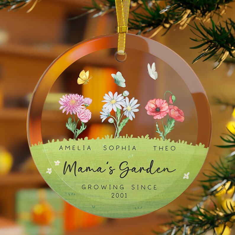 Custom Birth Flower Ornament, Mom Personalized Ornament, Mama's Garden, Glass Mom Christmas Ornament, Christmas Gift for Mom, Mom's Garden
