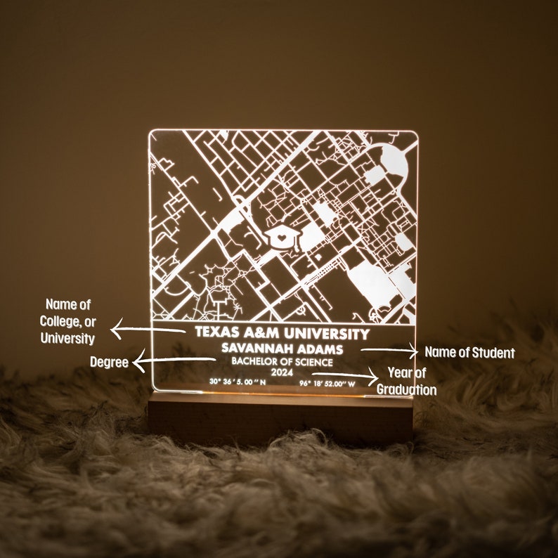 Personalized Graduation Gift, Custom College, University, Campus Map High Quality Acrylic Night Light, Unique Grad Gift Class of 2025