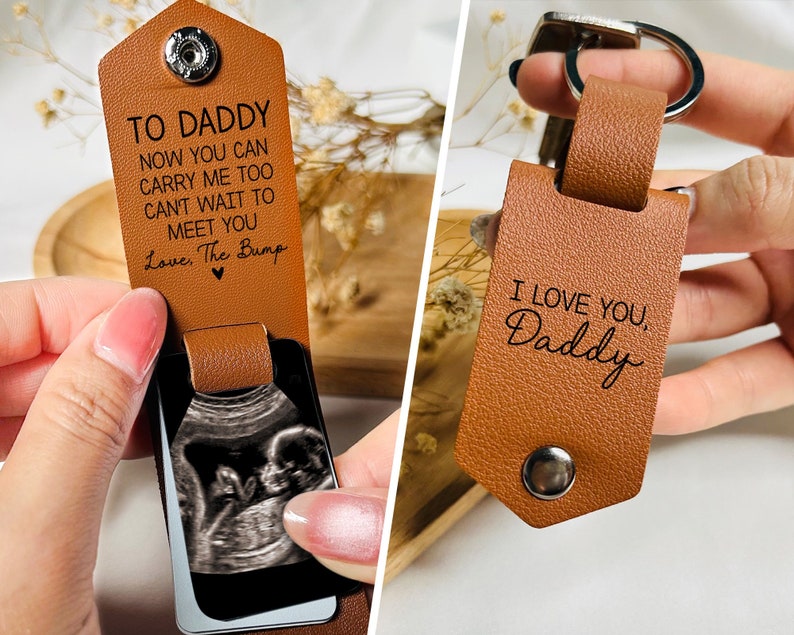 New Dad Father's Day Gift, Personalized Leather Photo Keychain, Ultrasound Baby Keychain, Can't Wait to Meet You From the Bump Gift New Dad