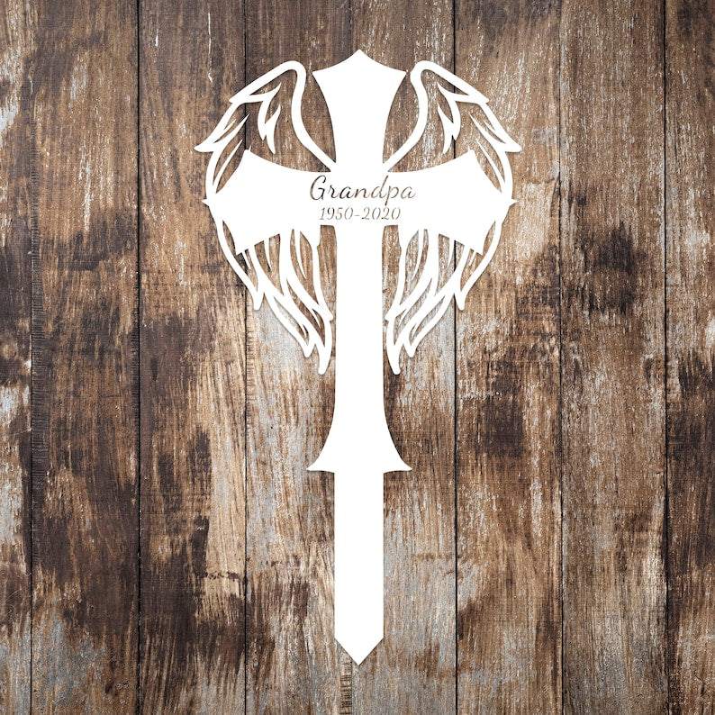 Custom Memorial Cross With Wings Metal Stake, Memorial Garden Decor, Personalized Angel Cross Signs, Outdoor Grave Markers, Sympathy Gift