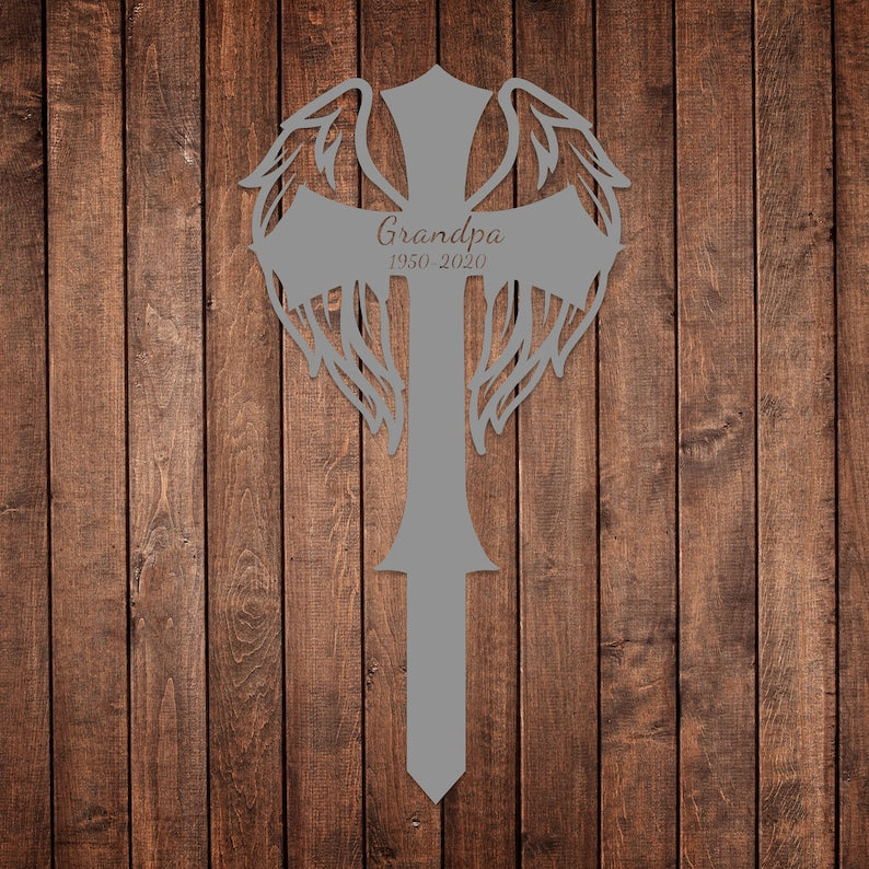 Custom Memorial Cross With Wings Metal Stake, Memorial Garden Decor, Personalized Angel Cross Signs, Outdoor Grave Markers, Sympathy Gift