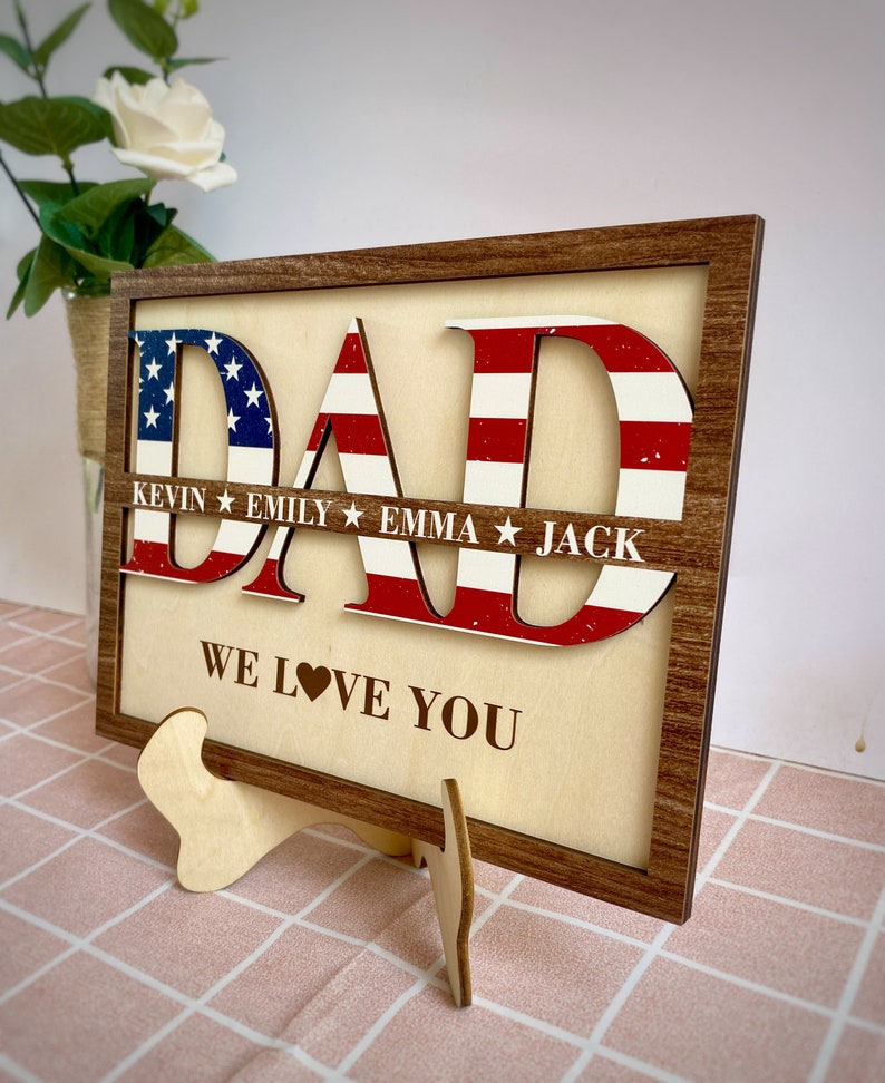 Personalized Dad Sign with Kids' Names, Custom Gift For Father s Day, USA Flag Wall Art for Father, Grandpa Gift, Unique Father's Day Idea