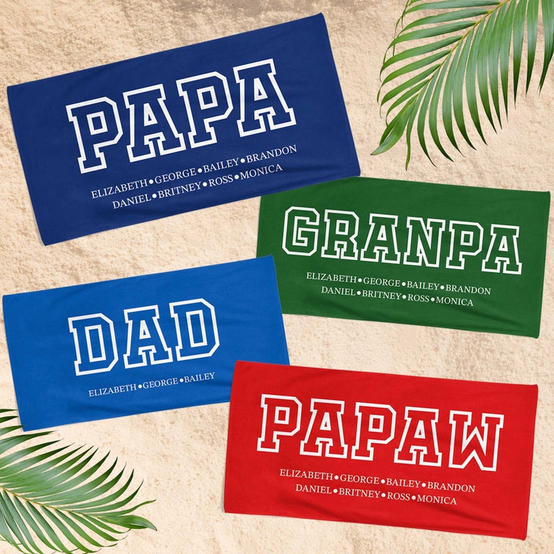 Custom Grandpa Dad Papa Beach Towel, Birthday Gift For Grandpa Papaw, Gift for Daddy, Grandkids Name Papa Dad Pool Towel