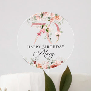 Personalised Happy Birthday Cake Topper, Pink Floral Cake Topper, 18th 21st 30th 40th 50th Birthday, Clear Cake Topper, Birthday Name