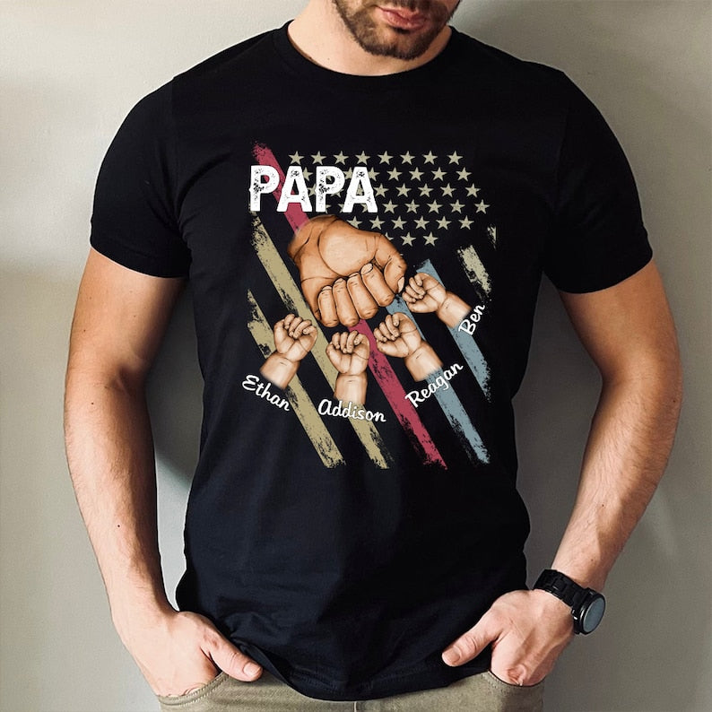 Personalized Papa Grandpa Shirt with Grandkids name Hands Flag Shirt, Custom Dad Raised Fist Bump Shirt, Custom Grandpa Father Day Gift 2024