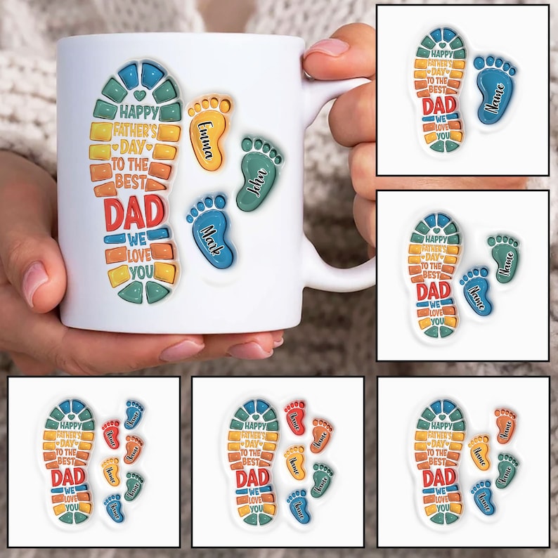 Personalized Dad 3D Inflated Mug , Custom Dad Footprint Up to 6 Kids 11oz Mug , Dad 11oz Mug , Fathers Day Coffee Mugs