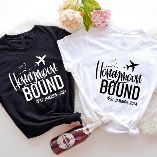 Honeymoon Bound Shirt, Custom Honeymoon Vacation Shirt, Personalized Honeymoon Location Shirts, Newlywed Shirt, Couple Matching T-Shirt