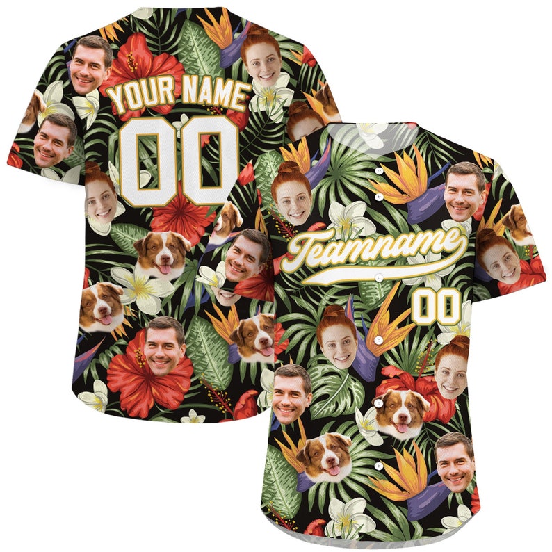Custom Hawaiian Baseball Jersey with Face Teamname Name Number, Personalized Hawaii Floral Shirt for Men Women Youth Preschool Button Shirt