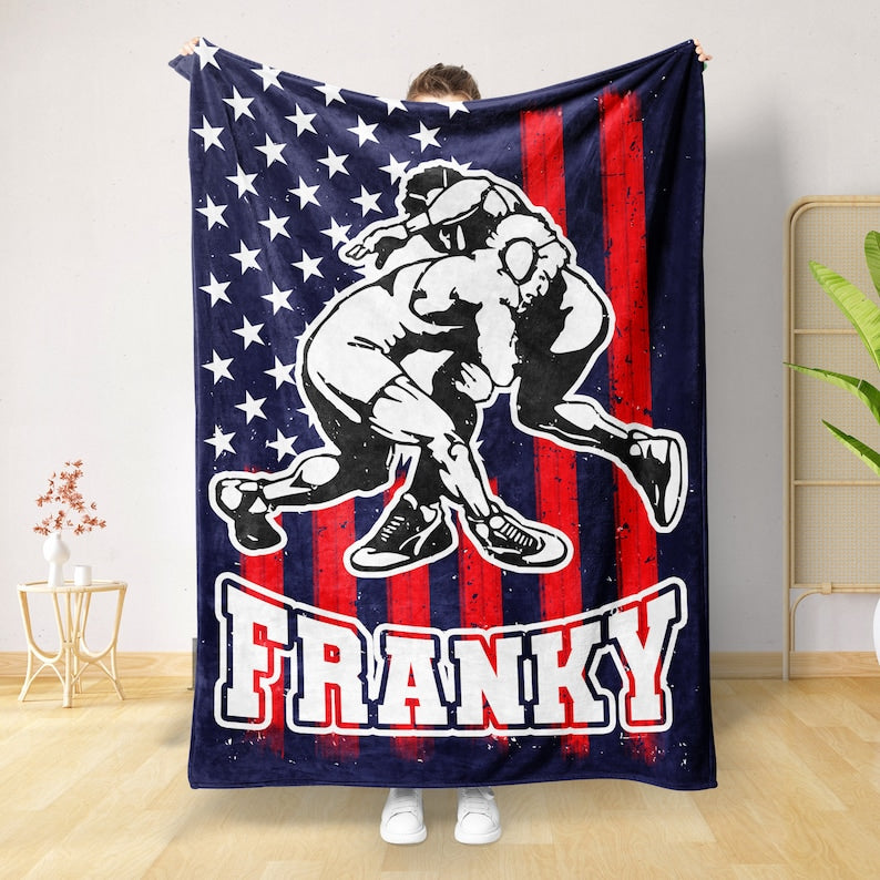 Personalized Wrestling Blanket - Custom Name Sport Gift for Wrestler, Dad, Husband, Son, Team - US Flag Background Design Wrestler Gift