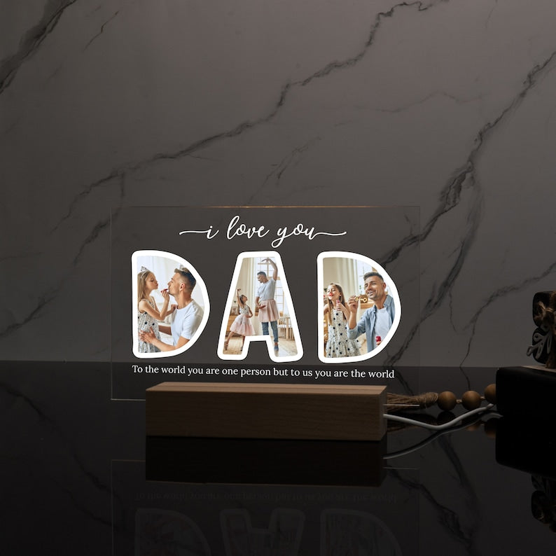 Acrylic Dad Photo Plaque with Light Wood Base, Personalized Fathers Day Gift, Gift for Him, Family Picture Sign, Gift for Dad, Acrylic Stand