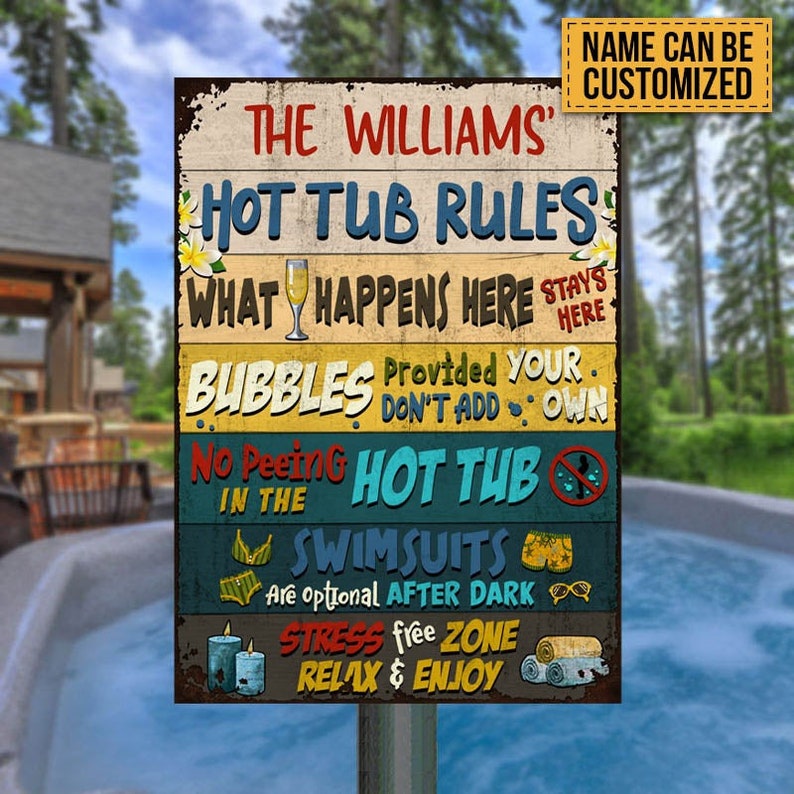 Hot Tub Rules What Happens Here Custom Classic Metal Signs, Funny Hot Tub Signs, Hot Tub Decorating Ideas