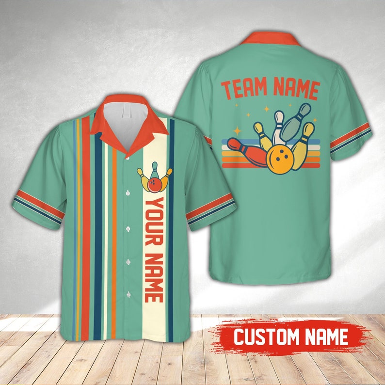 Personalized Bowling Hawaiian Shirt, Custom Name Bowler Button Down Shirt, Matching Bowling Team Shirt, Bowling Lover Gift