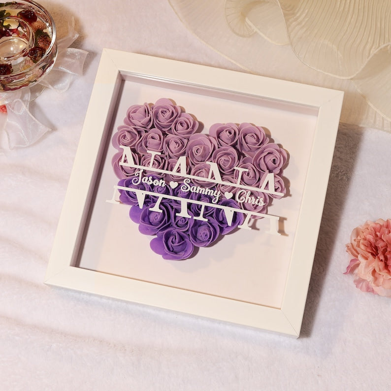 Personalized Flower Heart Shadow Box for Mom,Roses Shadowbox with Names,Custom Frame Gift for Mother's Day,Gift for Mom and Grandma Nana