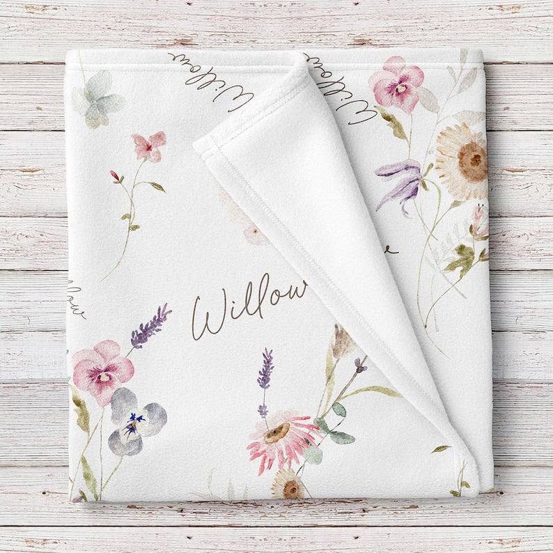 Pretty Wildflower Floral Personalized Baby Girl Name Blanket, Shower Gift