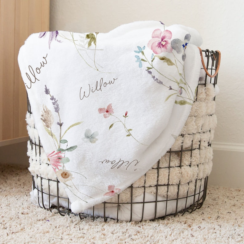 Pretty Wildflower Floral Personalized Baby Girl Name Blanket, Shower Gift