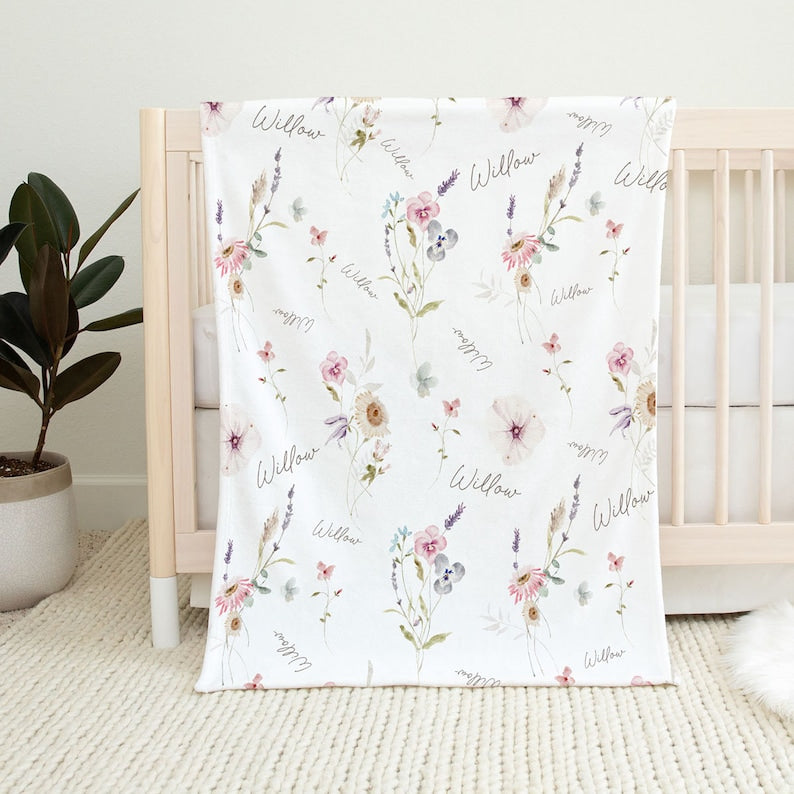 Pretty Wildflower Floral Personalized Baby Girl Name Blanket, Shower Gift