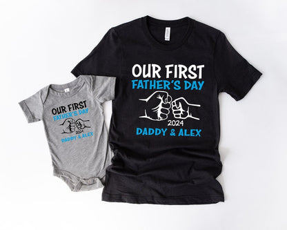 Our First Father's Day Matching Shirt And Bodysuit With Custom Names For Dad And Baby, Personalized Dad And Kid Shirts, Gift For Husband