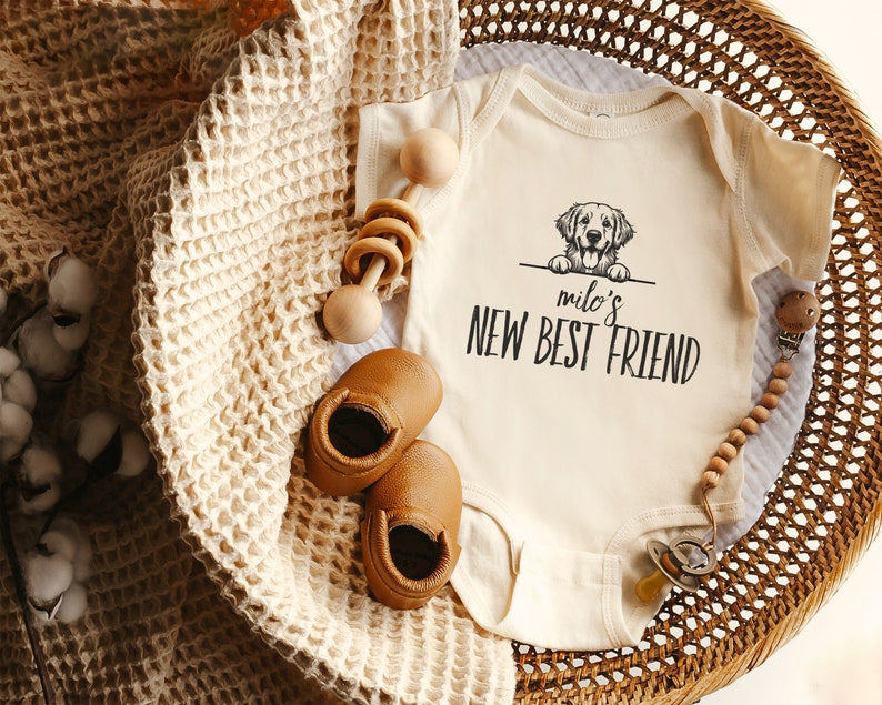 New Best Friend Bodysuit, Custom Baby Bodysuit, Protected By Dog Shirt, Baby Shower Gift, Kid Gift, Personalized Dog Name, Dog Lover Tee