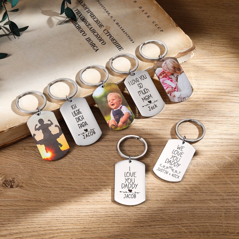 Personalized Kids Picture Keychain for Dad, Custom Name Mens Keychain Family Photo Keyring, Anniversary Gift Ideas, Father's Day Gift