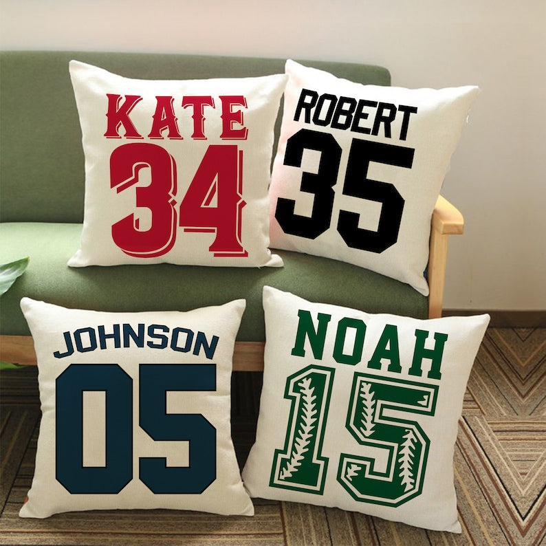 Personalized Sports Throw Pillow Cover D cor w/Number & Name - Customized Baseball Basketball Football Soccer Pillows Case, Home Decorations