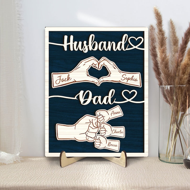 Personalized Dad Wooden Plaque, Custom Kid's Name Wooden Sign, Fist Bump Husband Wood Sign, Father's Day Gift For Dad, Husband, Him