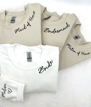Embroidered Custom Bridesmaid/Groom Neckline Sweatshirt/Hoodie, Name on Sleeve, Personalized Bachelorette Gift, Maid of Honor, Bride To Be il_794xN.6030776400_7o9g.jpg