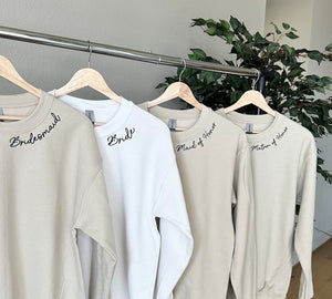 Embroidered Custom Bridesmaid/Groom Neckline Sweatshirt/Hoodie, Name on Sleeve, Personalized Bachelorette Gift, Maid of Honor, Bride To Be il_794xN.6030776404_6mga.jpg