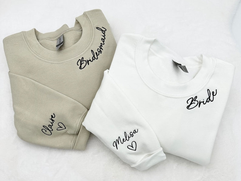 Embroidered Custom Bridesmaid/Groom Neckline Sweatshirt/Hoodie, Name on Sleeve, Personalized Bachelorette Gift, Maid of Honor, Bride To Be il_794xN.6030780518_myjb.jpg