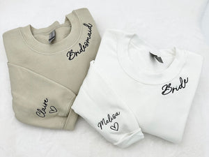 Embroidered Custom Bridesmaid/Groom Neckline Sweatshirt/Hoodie, Name on Sleeve, Personalized Bachelorette Gift, Maid of Honor, Bride To Be il_794xN.6030780518_myjb.jpg