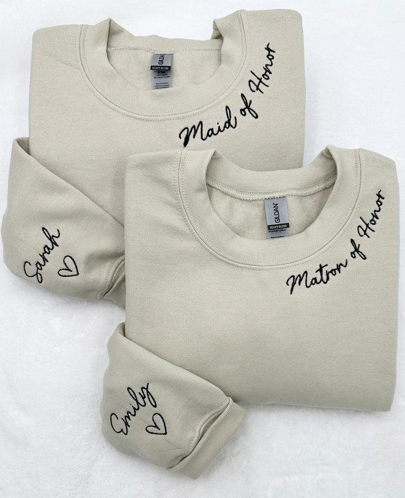Embroidered Custom Bridesmaid/Groom Neckline Sweatshirt/Hoodie, Name on Sleeve, Personalized Bachelorette Gift, Maid of Honor, Bride To Be il_794xN.6030781382_e3rh.jpg