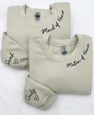 Embroidered Custom Bridesmaid/Groom Neckline Sweatshirt/Hoodie, Name on Sleeve, Personalized Bachelorette Gift, Maid of Honor, Bride To Be il_794xN.6030781382_e3rh.jpg