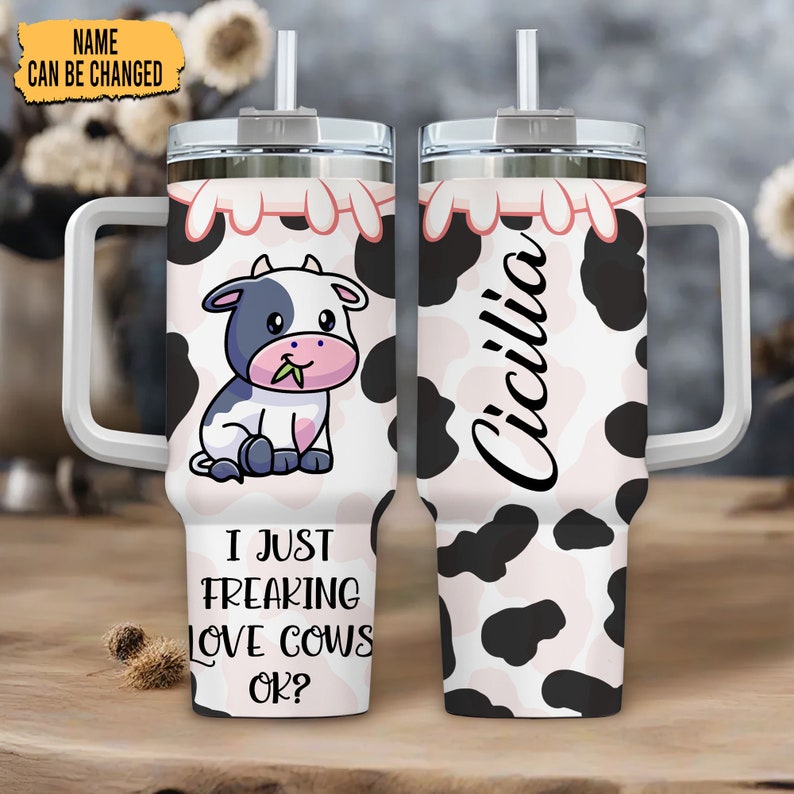 Personalized Dairy Cow 40oz Tumbler With Handle And Straw, Dairy Cow Gifts For Women, Gift For Her, Girls, Cow Print Tumbler Gift