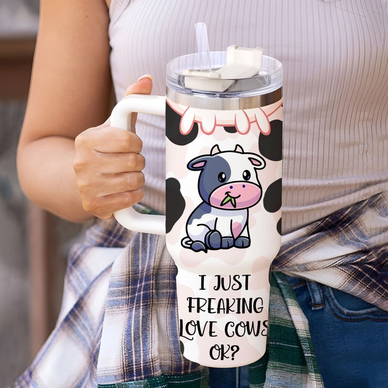 Personalized Dairy Cow 40oz Tumbler With Handle And Straw, Dairy Cow Gifts For Women, Gift For Her, Girls, Cow Print Tumbler Gift