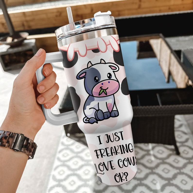 Personalized Dairy Cow 40oz Tumbler With Handle And Straw, Dairy Cow Gifts For Women, Gift For Her, Girls, Cow Print Tumbler Gift