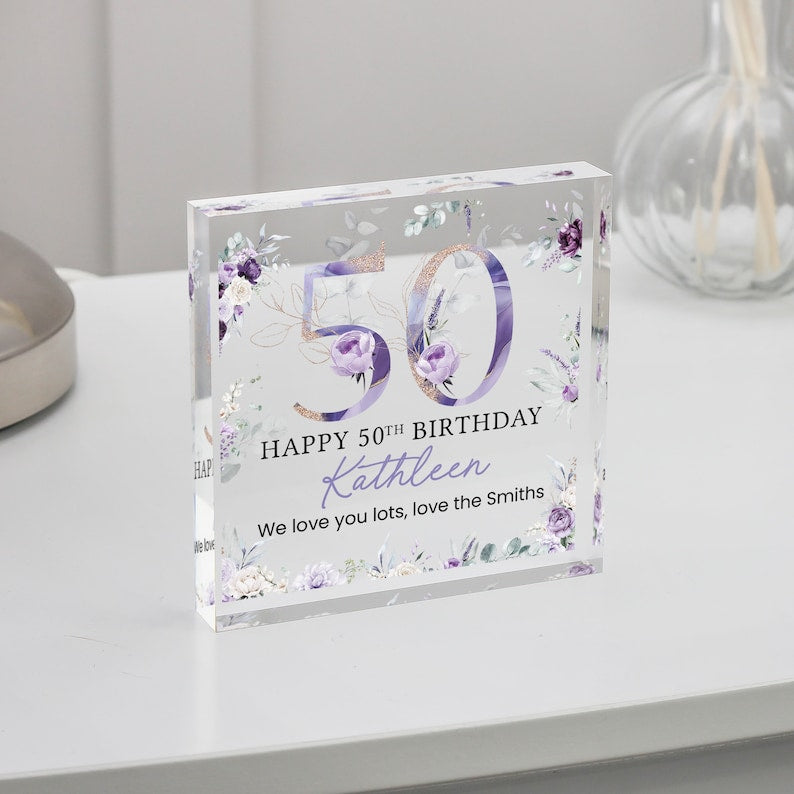 Personalised Happy 50th Birthday Gift Plaque, Purple Floral Birthday Gift For Her, 50th Birthday Gifts, Pink 50th Gift, Gifts for Her