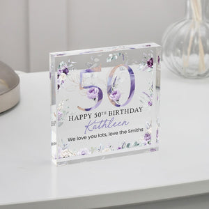 Personalised Happy 50th Birthday Gift Plaque, Purple Floral Birthday Gift For Her, 50th Birthday Gifts, Pink 50th Gift, Gifts for Her
