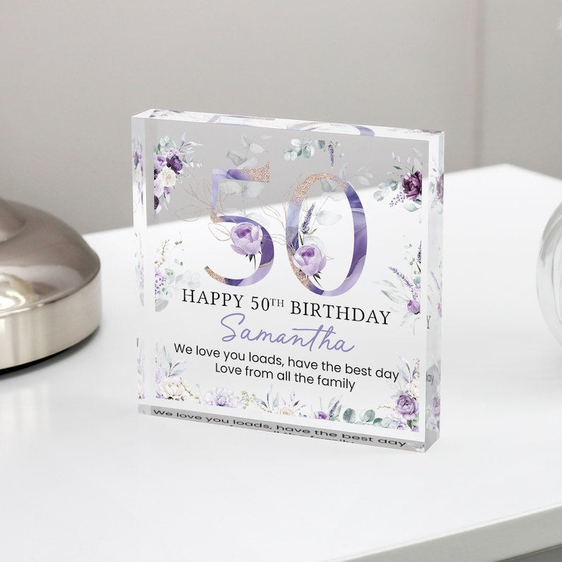 Personalised Happy 50th Birthday Gift Plaque, Purple Floral Birthday Gift For Her, 50th Birthday Gifts, Pink 50th Gift, Gifts for Her