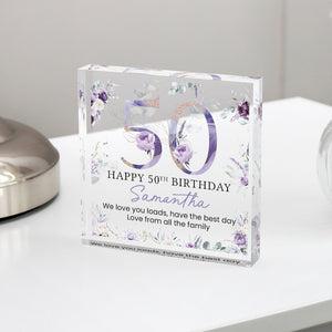 Personalised Happy 50th Birthday Gift Plaque, Purple Floral Birthday Gift For Her, 50th Birthday Gifts, Pink 50th Gift, Gifts for Her