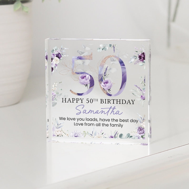 Personalised Happy 50th Birthday Gift Plaque, Purple Floral Birthday Gift For Her, 50th Birthday Gifts, Pink 50th Gift, Gifts for Her