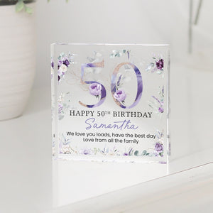 Personalised Happy 50th Birthday Gift Plaque, Purple Floral Birthday Gift For Her, 50th Birthday Gifts, Pink 50th Gift, Gifts for Her