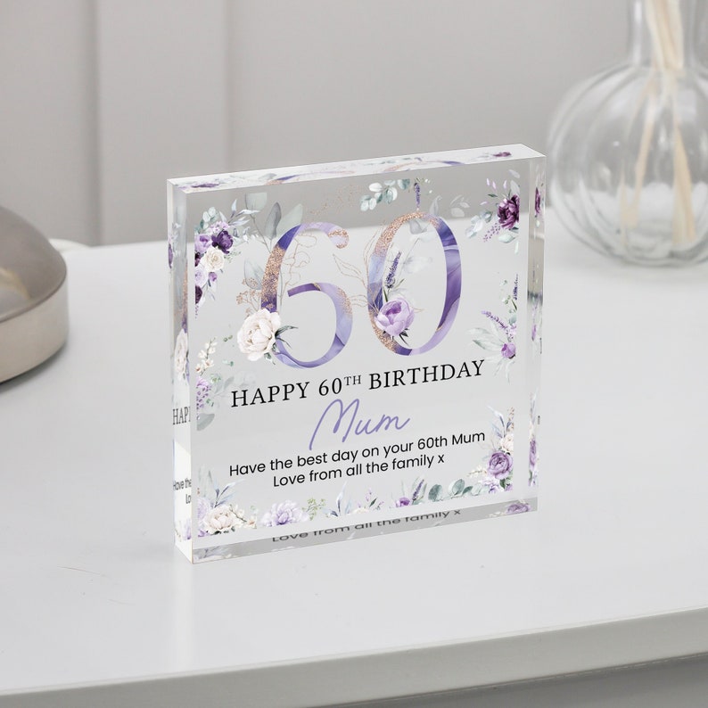Personalised Happy 60th Birthday Gift Plaque, Purple Floral Birthday Gift For Her, 60th Birthday Gifts, Pink 60th Gift, Gifts for Her