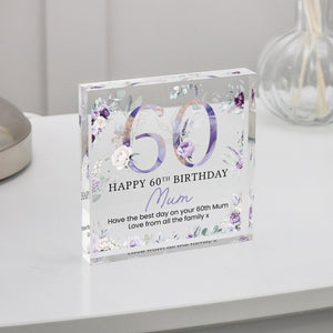 Personalised Happy 60th Birthday Gift Plaque, Purple Floral Birthday Gift For Her, 60th Birthday Gifts, Pink 60th Gift, Gifts for Her