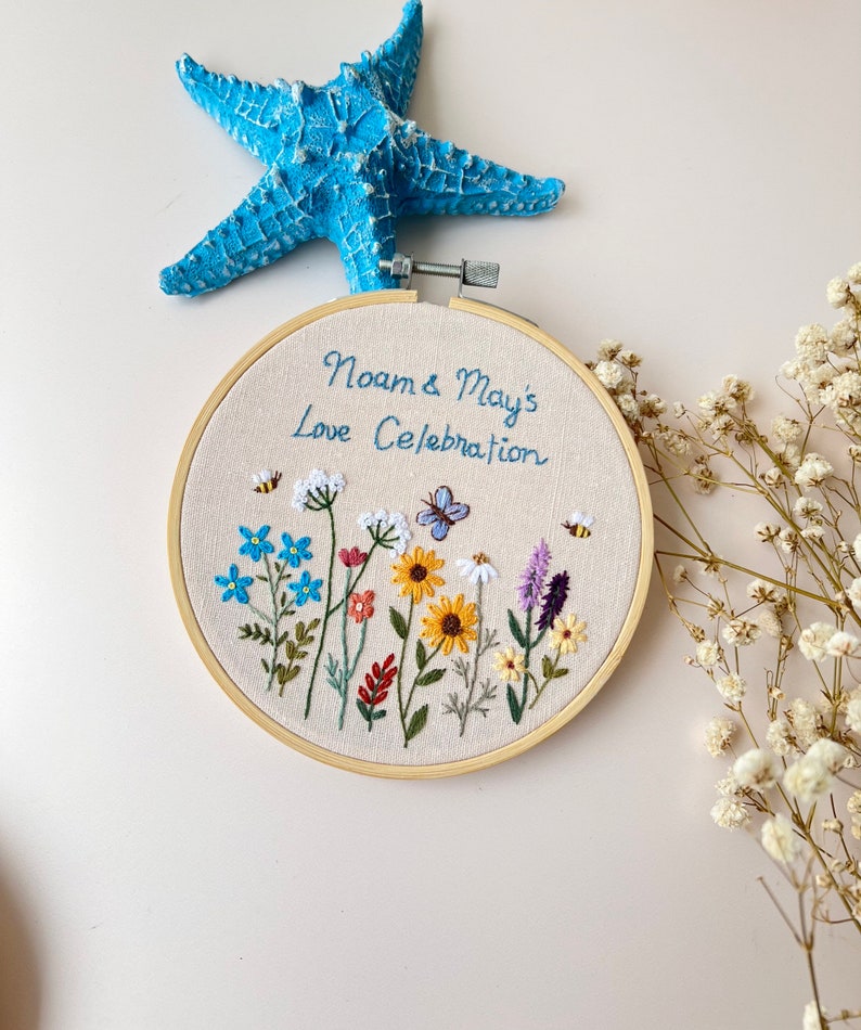 Custom Embroidered Wood Hoop, Name Banner, Hand Embroidered Hoop Art, Name Hoop Art, Anniversary Decor,Ring Holder,Wedding Decor,Baby Shower